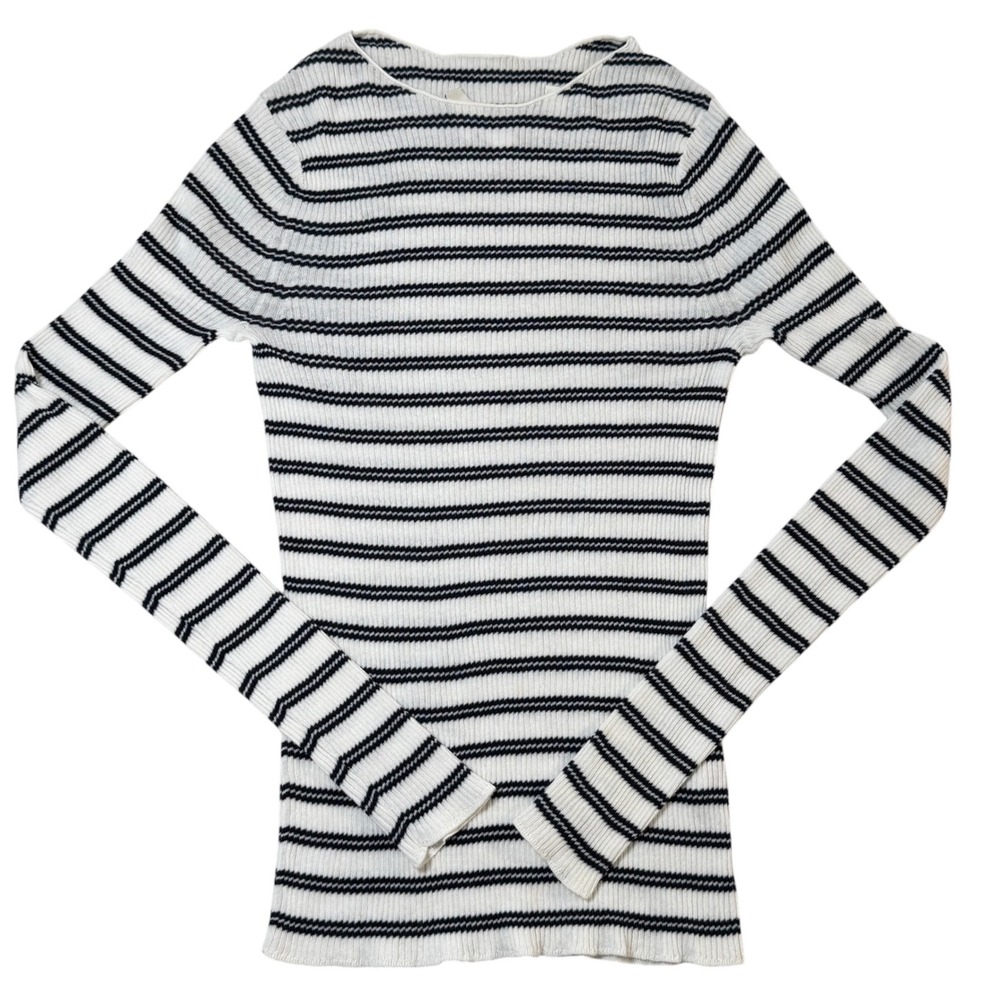 Vince Boat Neck White Black Striped Super Thin Ribbed Cotton Long Sleeve Top XS